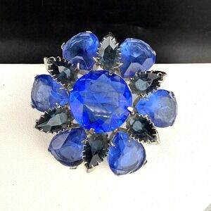 Vintage Rhinestone Brooch Silver Tone Blue Flower Domed Open Back